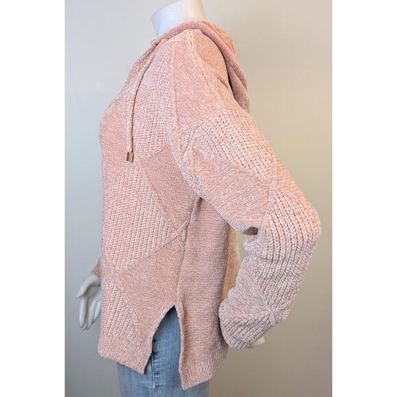 NEW Cynthia Rowley Sweater Hoodie Large Pink Chenille Textured Diamond Knit Soft - Picture 6 of 9